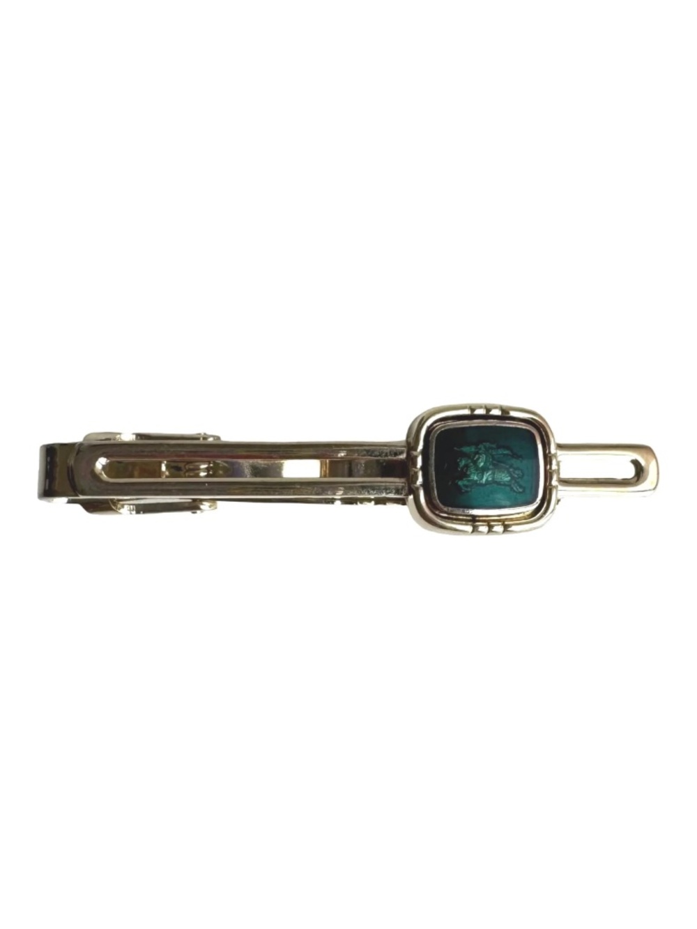 Vintage Burberrys Tie Clip Green Enamel Equestrian Knight Design Gold Tone Bar